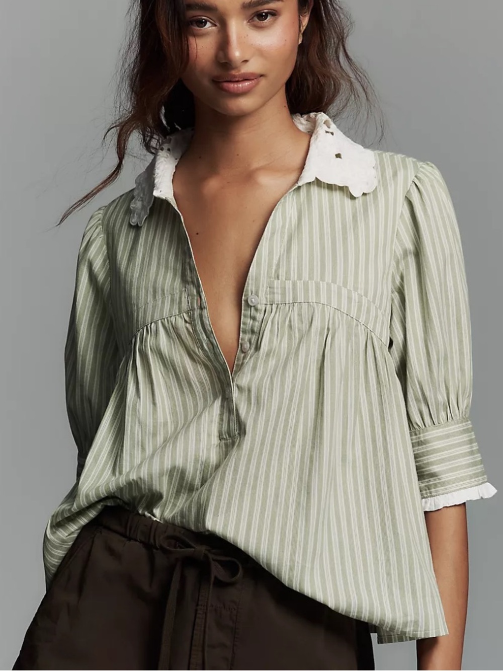 By Anthropologie Long-Sleeve Collared Babydoll Top
